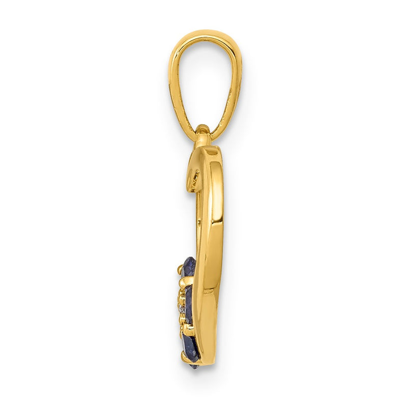 14K Yellow Gold Real Diamond and Sapphire Heart w/ Flower Pendant