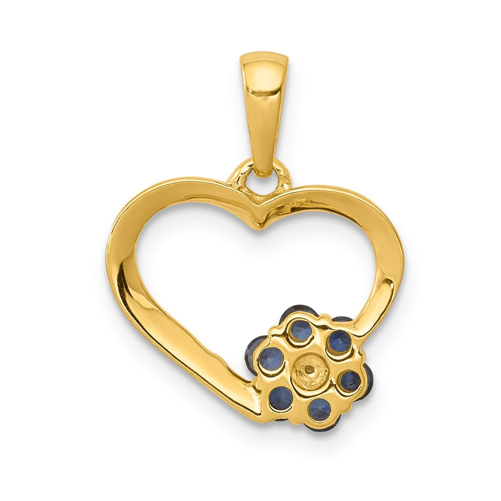 14K Yellow Gold Real Diamond and Sapphire Heart w/ Flower Pendant
