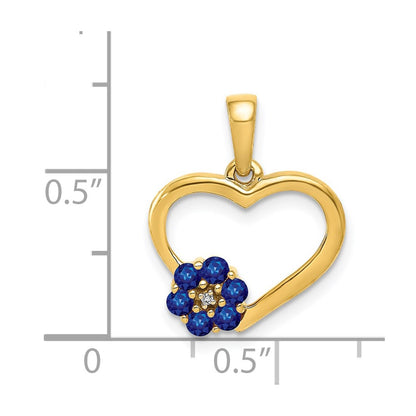 14K Yellow Gold Real Diamond and Sapphire Heart w/ Flower Pendant