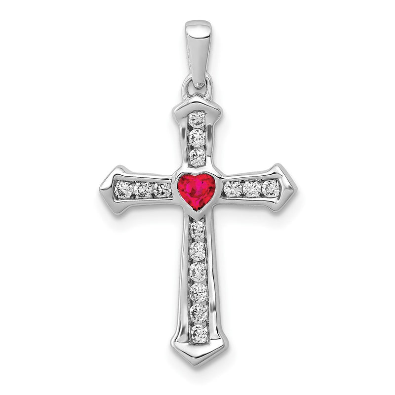 14k White Gold Ruby and Real Diamond Heart Cross Pendant