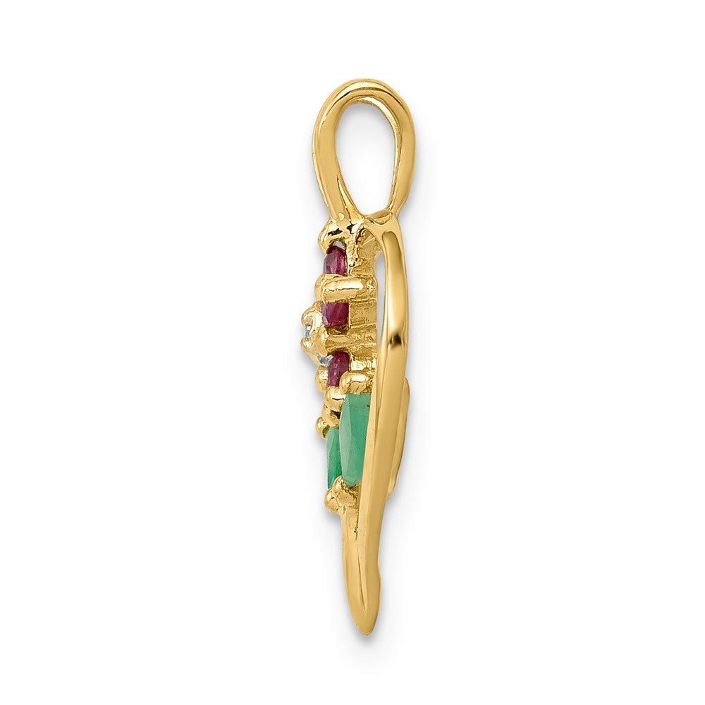 14K Yellow Gold Siam Ruby/Emerald/Real Diamond Flower in Heart Pendant