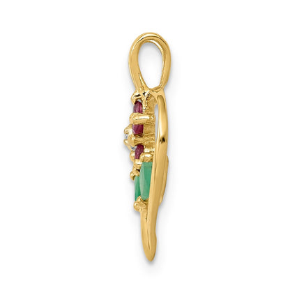 14K Yellow Gold Siam Ruby/Emerald/Real Diamond Flower in Heart Pendant