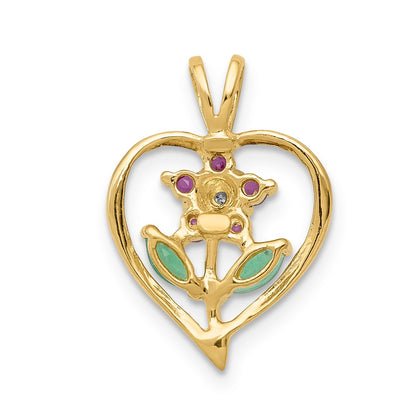 14K Yellow Gold Siam Ruby/Emerald/Real Diamond Flower in Heart Pendant