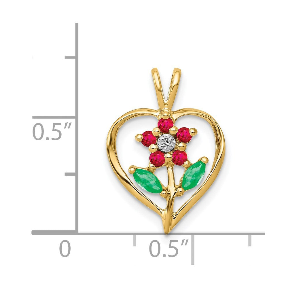 14K Yellow Gold Siam Ruby/Emerald/Real Diamond Flower in Heart Pendant