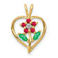 14K Yellow Gold Siam Ruby/Emerald/Real Diamond Flower in Heart Pendant