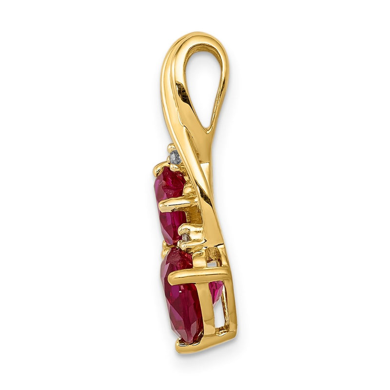 14K Yellow Gold Lab Created Ruby and Real Diamond Double Heart Pendant