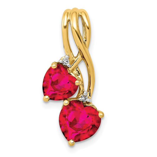 14K Yellow Gold Lab Created Ruby and Real Diamond Double Heart Pendant