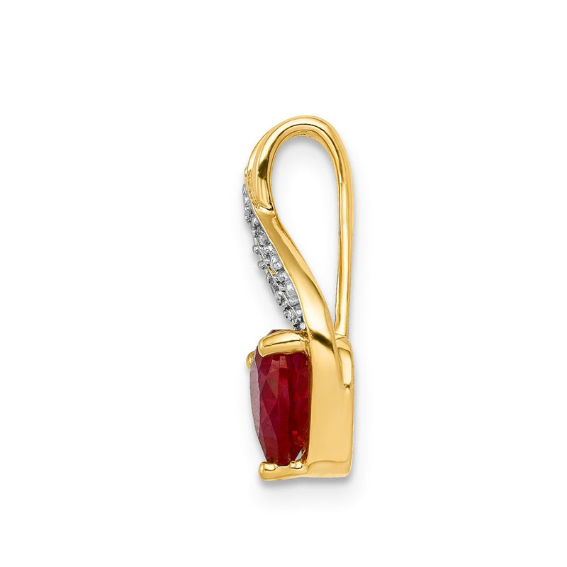 14K Yellow Gold Real Diamond and Created Ruby Polished Heart Pendant