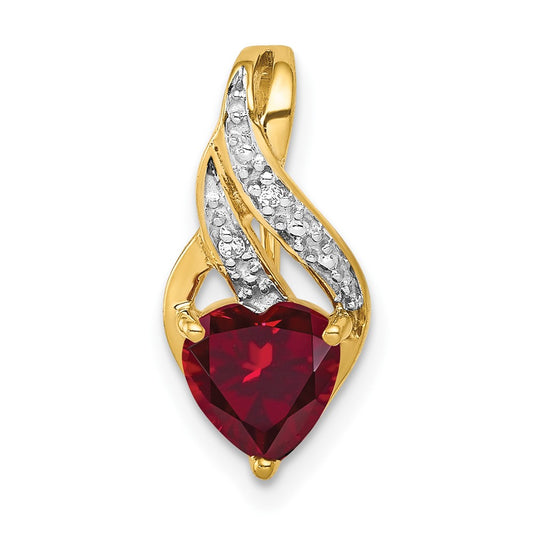 Solid 14k Yellow Gold Simulated CZ and Created Ruby Polished Heart Pendant