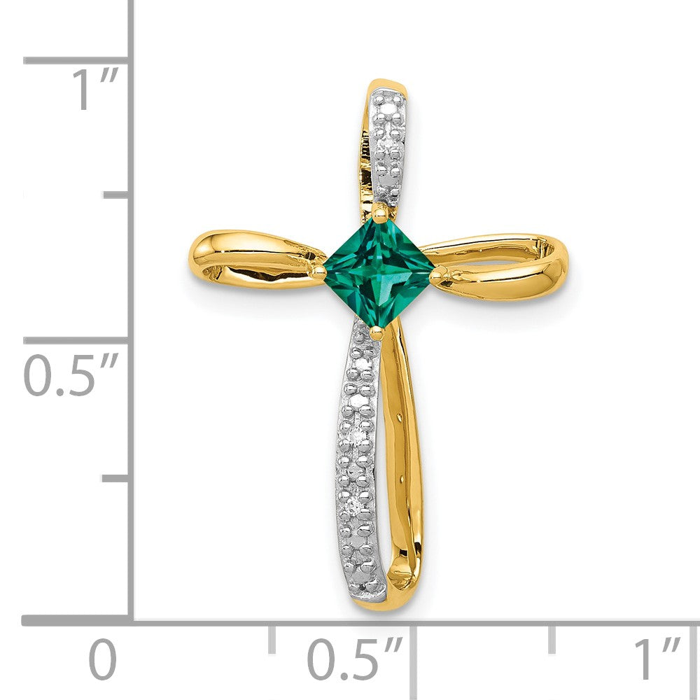 10k Yellow Gold w/Rhodium Lab Created Emerald and Real Diamond Cross Pendant