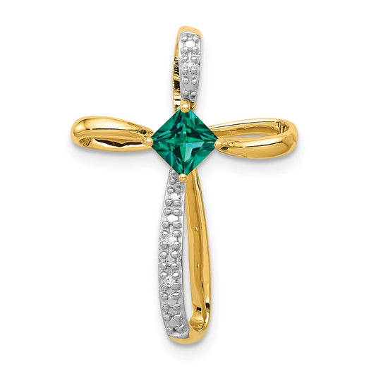 10k Yellow Gold w/Rhodium Lab Created Emerald and Real Diamond Cross Pendant