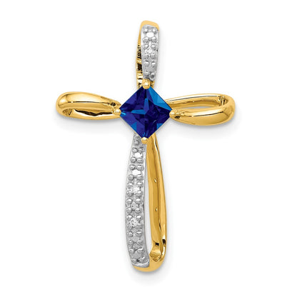 10k Yellow Gold w/Rhodium Lab Created Sapph and Real Diamond Cross Pendant