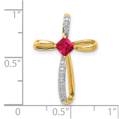 10k Yellow Gold and Rhodium Lab Created Ruby and Real Diamond Cross Pendant