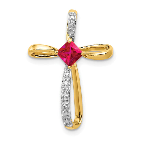 10k Yellow Gold and Rhodium Lab Created Ruby and Real Diamond Cross Pendant