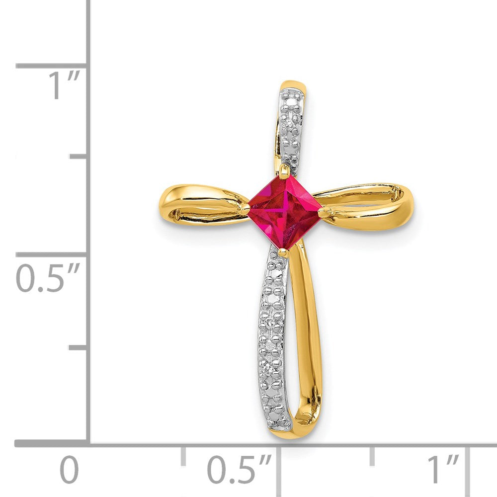 14k Yellow Gold and Rhodium Lab Created Ruby and Real Diamond Cross Slide