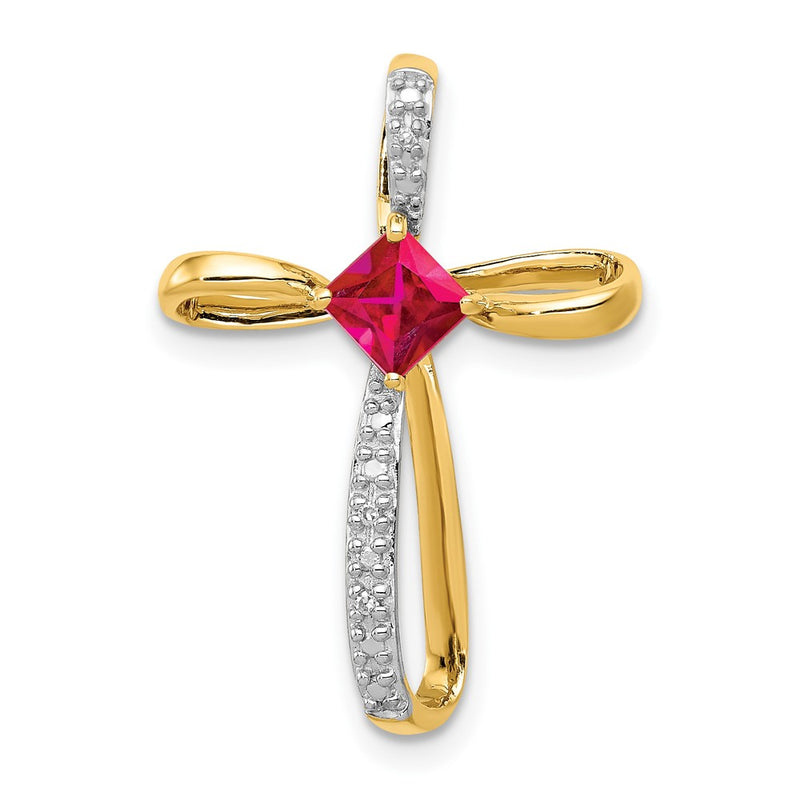 14k Yellow Gold and Rhodium Lab Created Ruby and Real Diamond Cross Slide