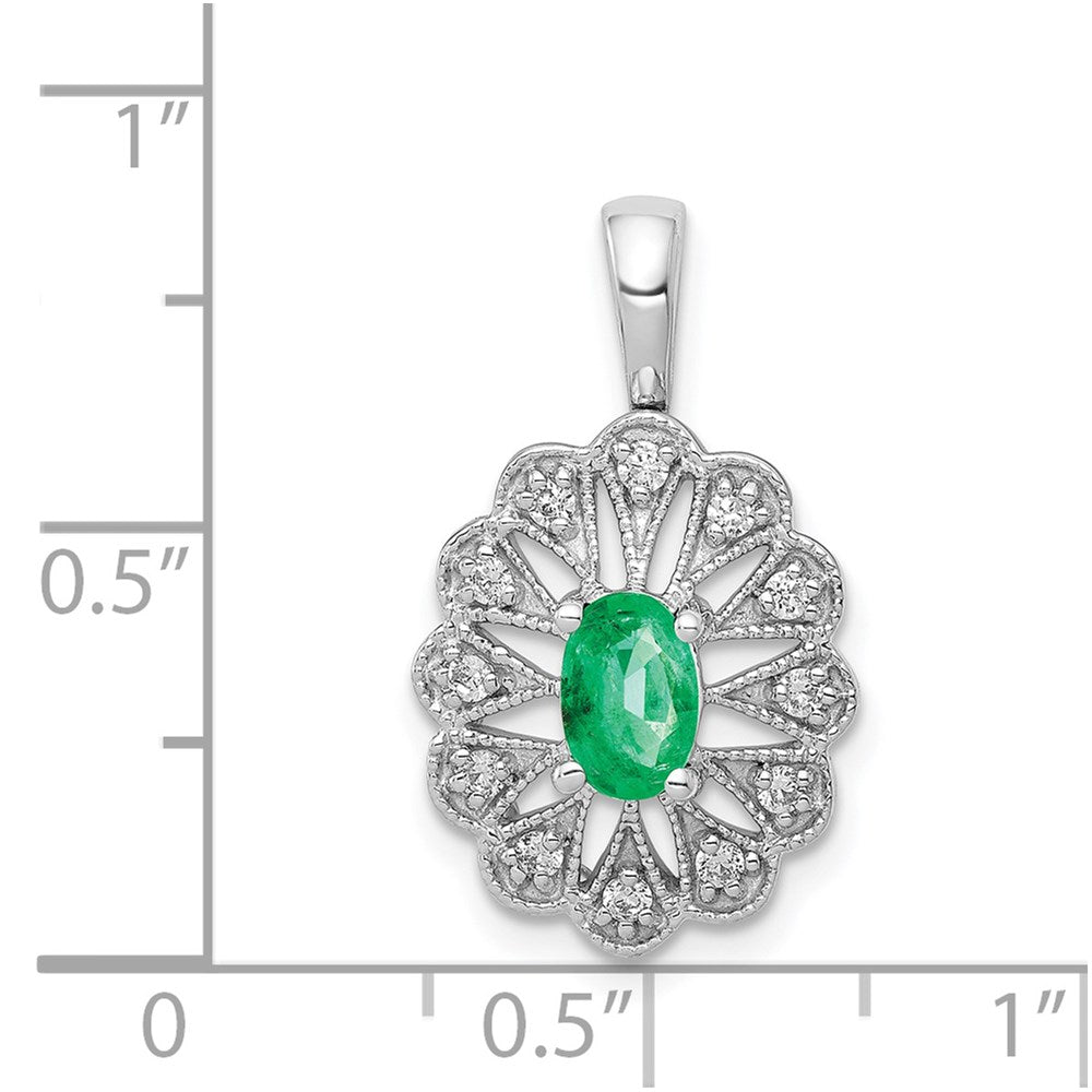 14k White Gold Fancy Real Diamond and Oval Emerald Pendant