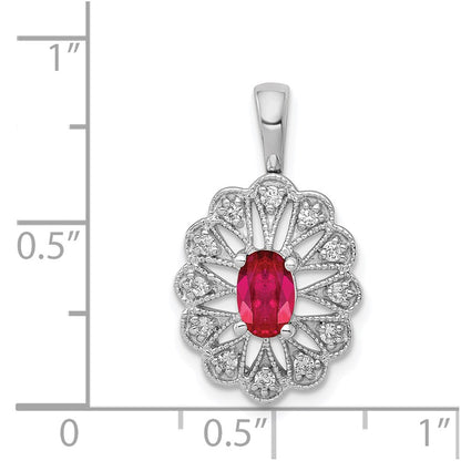 14k White Gold 1/6ct. Real Diamond and .70 Ruby Fancy Pendant