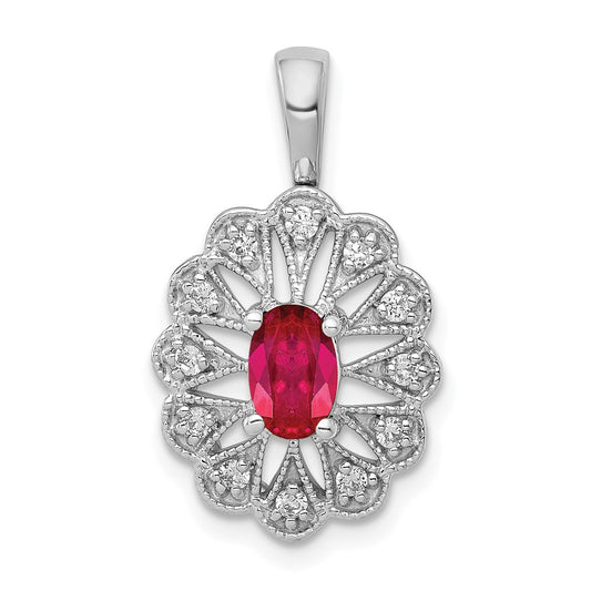 14k White Gold 1/6ct. Real Diamond and .70 Ruby Fancy Pendant