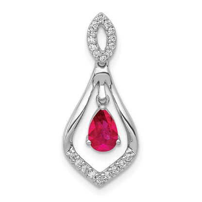 14k White Gold Real Diamond and Ruby Teardrop Dangle Pendant