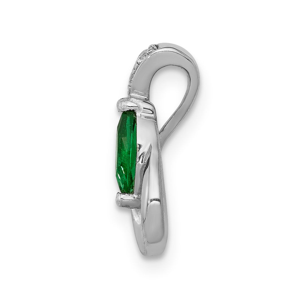 Solid 14k White Gold Teardrop Simulated CZ and Emerald Pendant