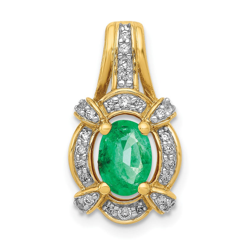 14K Yellow Gold Fancy Real Diamond and Oval Emerald Pendant