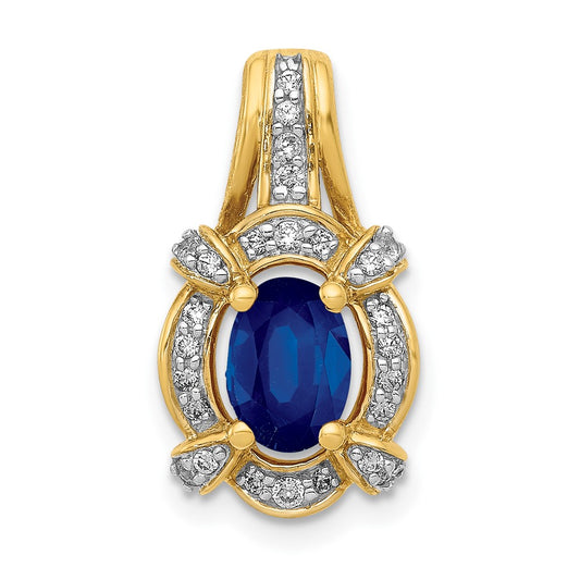 Solid 14k Yellow Gold Simulated CZ and Sapphire Fancy Oval Pendant