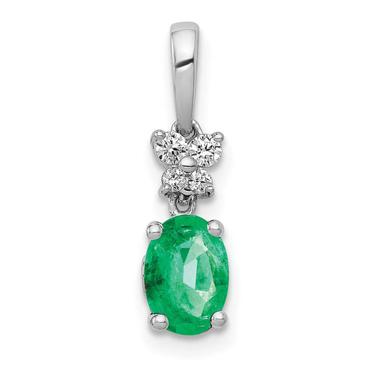 14k White Gold Real Diamond and Oval Emerald Pendant