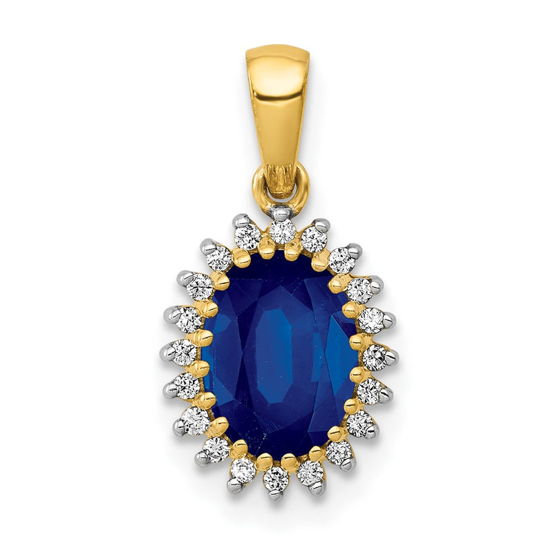 14K Yellow Gold Real Diamond and Oval 1.30 Sapphire Pendant