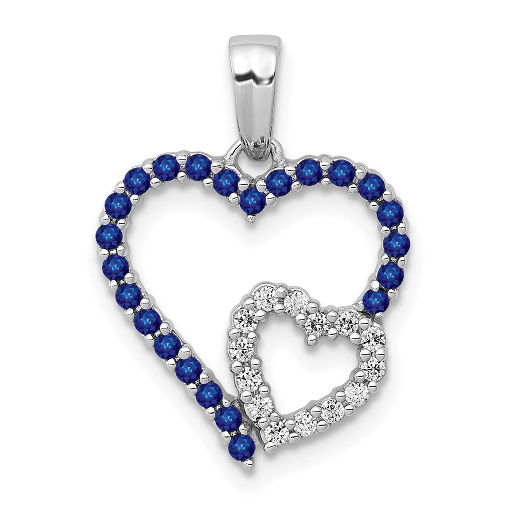 14k White Gold Real Diamond and Sapphire Double Heart Pendant