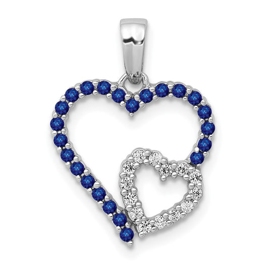14k White Gold Real Diamond and Sapphire Double Heart Pendant