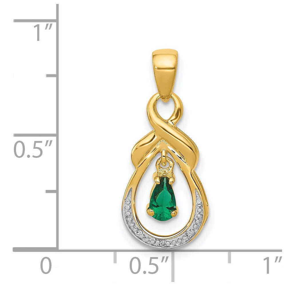14K Yellow Gold Pear Emerald and Real Diamond Pendant