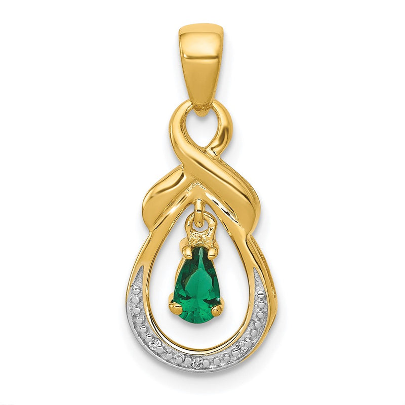 14K Yellow Gold Pear Emerald and Real Diamond Pendant