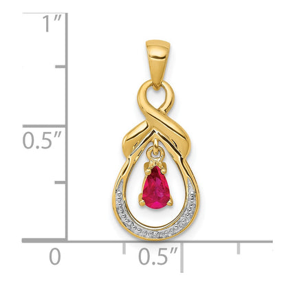 14K Yellow Gold Pear Ruby and Real Diamond Dangle Pendant