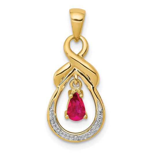 14K Yellow Gold Pear Ruby and Real Diamond Dangle Pendant