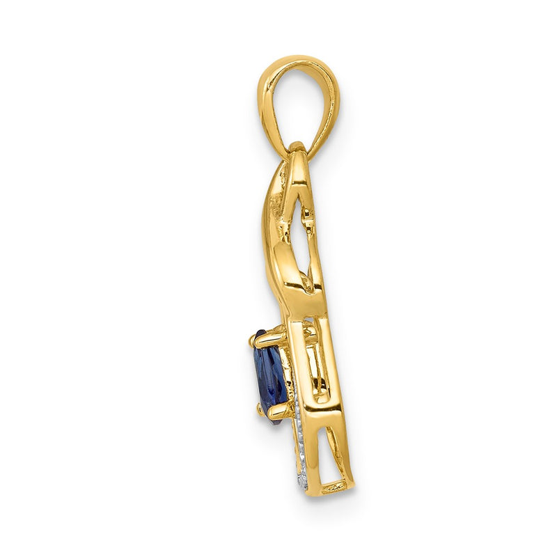 14K Yellow Gold Pear Sapphire and Real Diamond Dangle Pendant