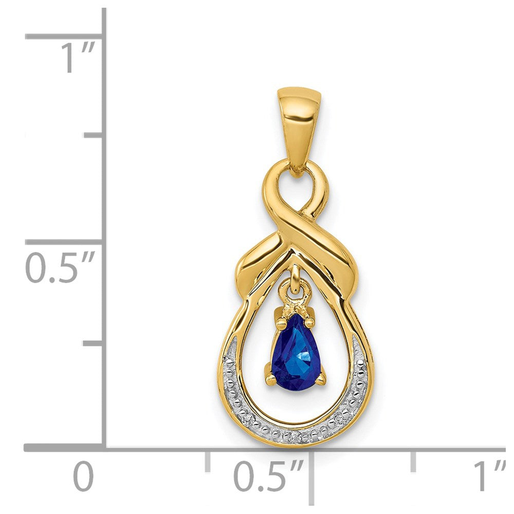 14K Yellow Gold Pear Sapphire and Real Diamond Dangle Pendant