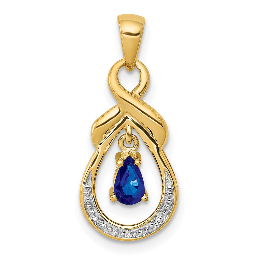 14K Yellow Gold Pear Sapphire and Real Diamond Dangle Pendant