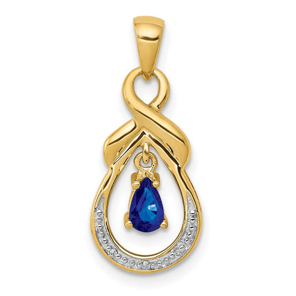 14K Yellow Gold Pear Sapphire and Real Diamond Dangle Pendant