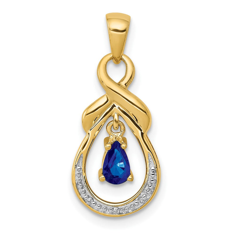 14K Yellow Gold Pear Sapphire and Real Diamond Dangle Pendant
