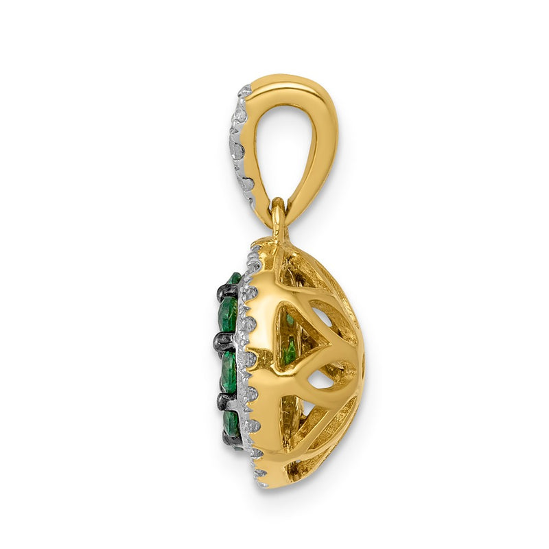 14K Yellow Gold Halo Real Diamond and Emerald Circle Pendant