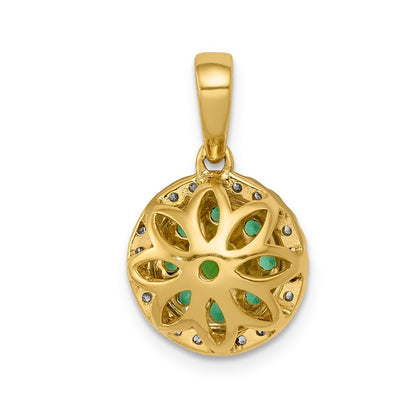 14K Yellow Gold Halo Real Diamond and Emerald Circle Pendant