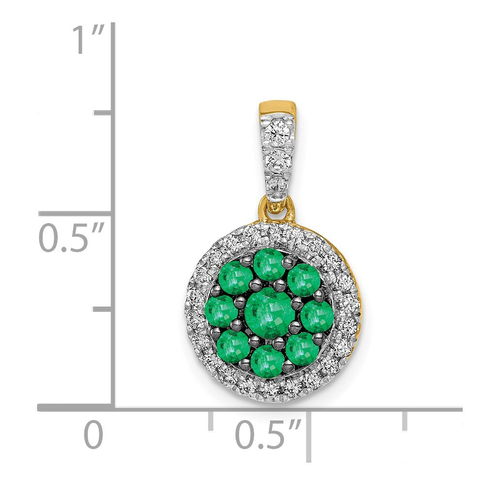 14K Yellow Gold Halo Real Diamond and Emerald Circle Pendant