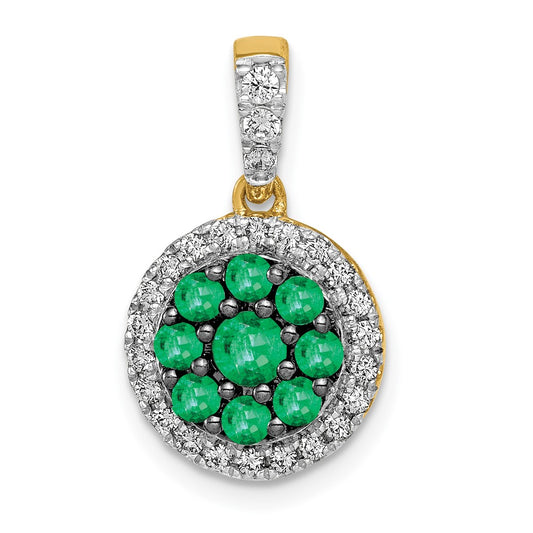 14K Yellow Gold Halo Real Diamond and Emerald Circle Pendant