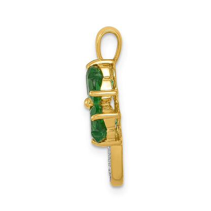 14K Yellow Gold Created Emerald and Real Diamond Four Leaf Clover Pendant