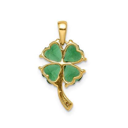 14K Yellow Gold Created Emerald and Real Diamond Four Leaf Clover Pendant