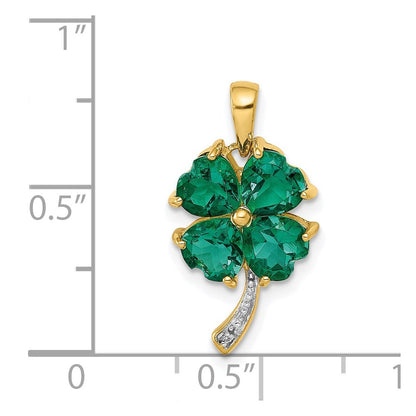 14K Yellow Gold Created Emerald and Real Diamond Four Leaf Clover Pendant