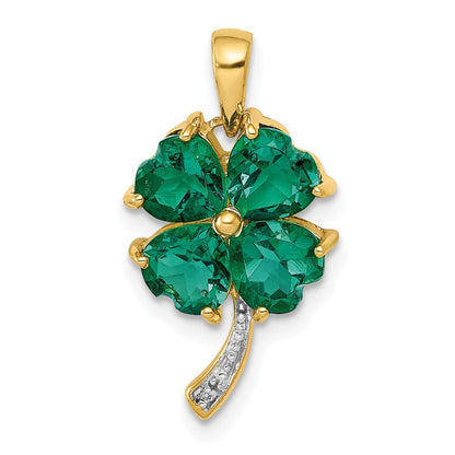 14K Yellow Gold Created Emerald and Real Diamond Four Leaf Clover Pendant
