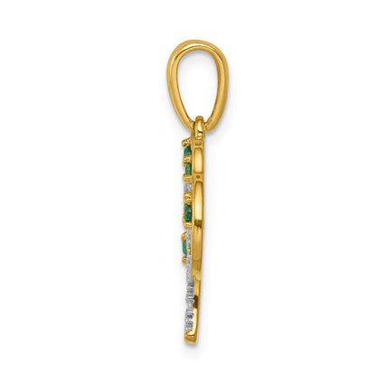 14K Yellow Gold Created Emerald and Real Diamond Polished Tree Pendant