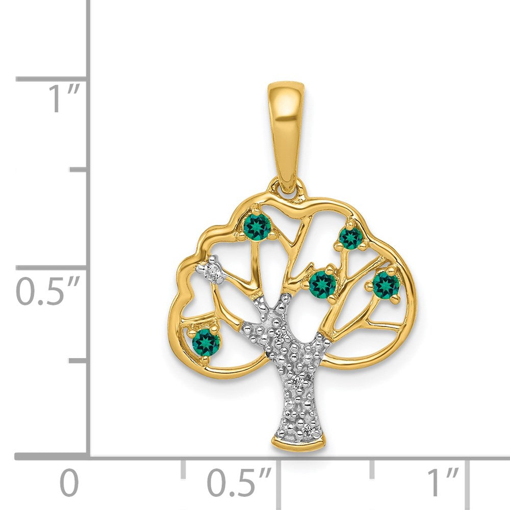 Solid 14k Yellow Gold Created Simulated Emerald and CZ Polished Tree Pendant
